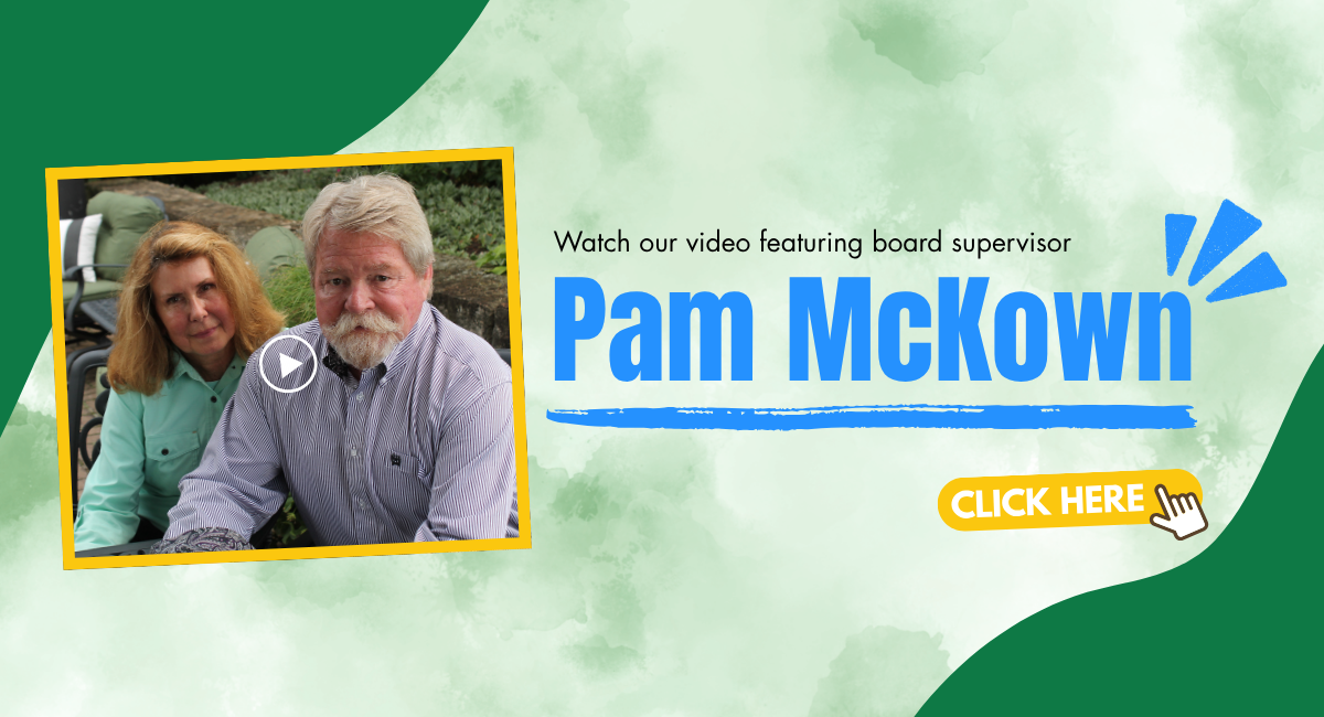 Graphic with a photo of Pam and Neil at their farm on the left. Text reads "watch our video featuring board supervisor Pam McKown"