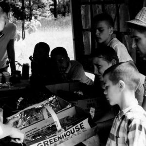 00-00-0000 Group examining Greenhouse containers. (Seedlings) Photo by Robert Mills