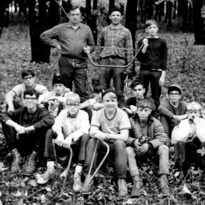 00-00-0000 Group of scouts sitting in woods with pruning saws. Photo by Robert Mills