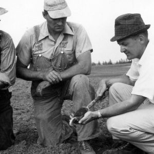 00-00-0000 Three men kneeling in field looking at scoop of soil. Photo by Robert Mills