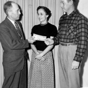 00-00-1954 Presentation of Conservation prize. Paul McCoy, Mrs. Brillhart, Chalmers Brillhart. Photo by Robert Mills