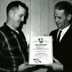 02-03-1966 Freeman Swank, SWCD Bd Chariman & Don Clagg, SCS area Conservationist Distinctive Service Award-website