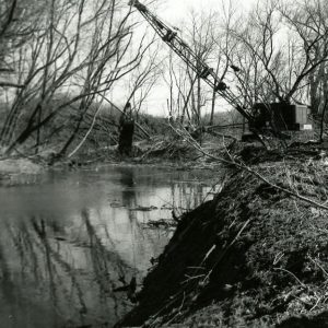 03-87 Oxbow being cut off to original channel using dragline with clam bucket, Blackfork River-website