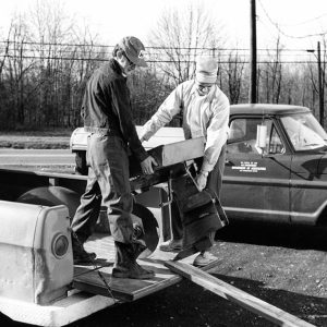 04-02-1973 Stan Lefer and his brother unload the SWCD tree planter at the Ag Center-website