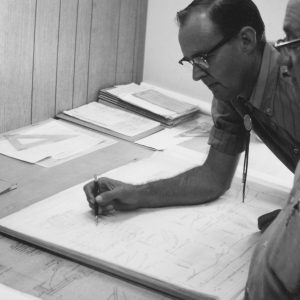 09-14-1971 Dean Swigart & Paul Whitehead looking at drawings-Photo by Robert Mills