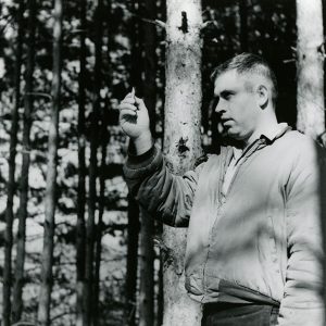 11-05-1965 Jack Basinger,ODF FarmForester at Cyrus Reeder Woodland at Butler. Checking basal area of pine plantation-website