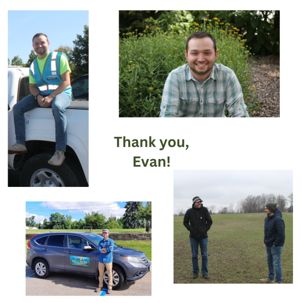 A collage of four images featuring Evan. The top left shows Evan sitting on the side of a white truck in a high-visibility vest. The top right is a portrait of him smiling. The bottom left shows Evan standing next to a car with our logo on the side. The bottom right depicts Evan outdoors, standing in a field speaking to Jordan. The text "Thank you, Evan" is prominently displayed.