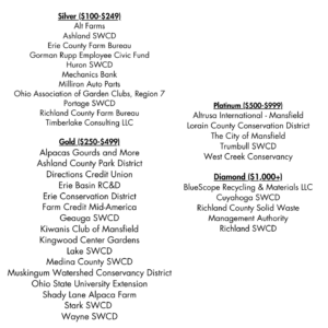 Diamond ($1,000+) BlueScope Recycling & Materials LLC Cuyahoga SWCD Richland County Solid Waste Management Authority Richland SWCD Platinum ($500-$999) Altrusa International – Mansfield Lorain Cou