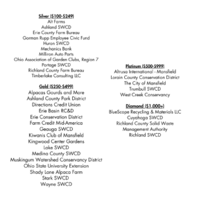 Diamond ($1,000+) BlueScope Recycling & Materials LLC Cuyahoga SWCD Richland County Solid Waste Management Authority Richland SWCD Platinum ($500-$999) Altrusa International – Mansfield Lorain Cou