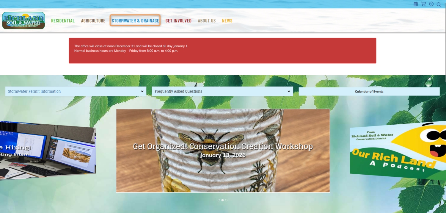 Screenshot of the RIchland SWCD homepage. The stormwater and drainage tab is outlined in orange.