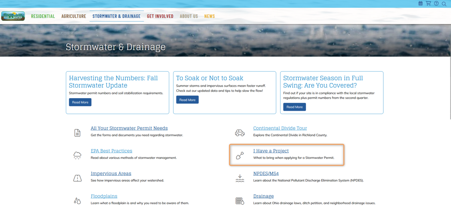 Screenshot of the stormwater and drainage page on the Richland SWCD website. The I Have a Project button is circled in orange.