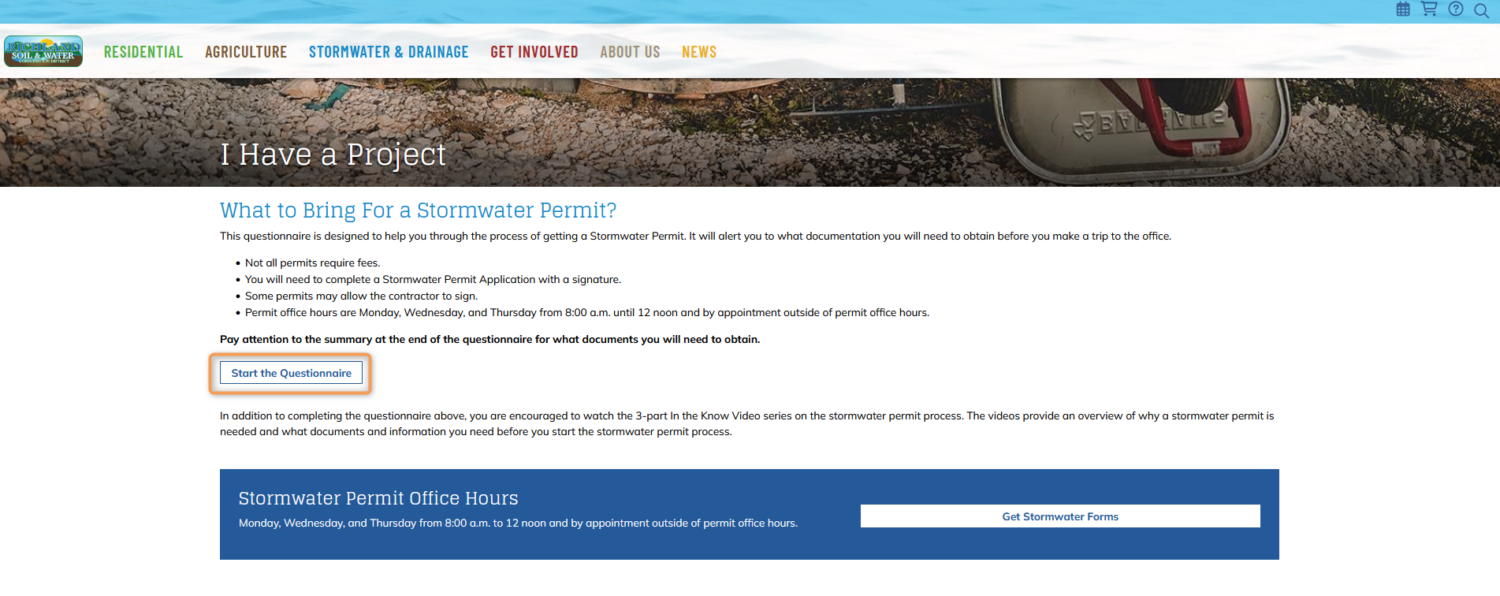 Screenshot of the I have a project page on the RIchland SWCD website. The start the questionnaire button is outlined in orange.