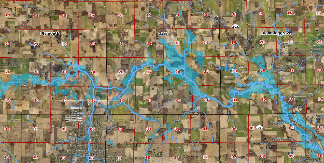 Screenshot of floodplain map from auditor's site showing floodplain areas in blue in the northern part of Richland County. 