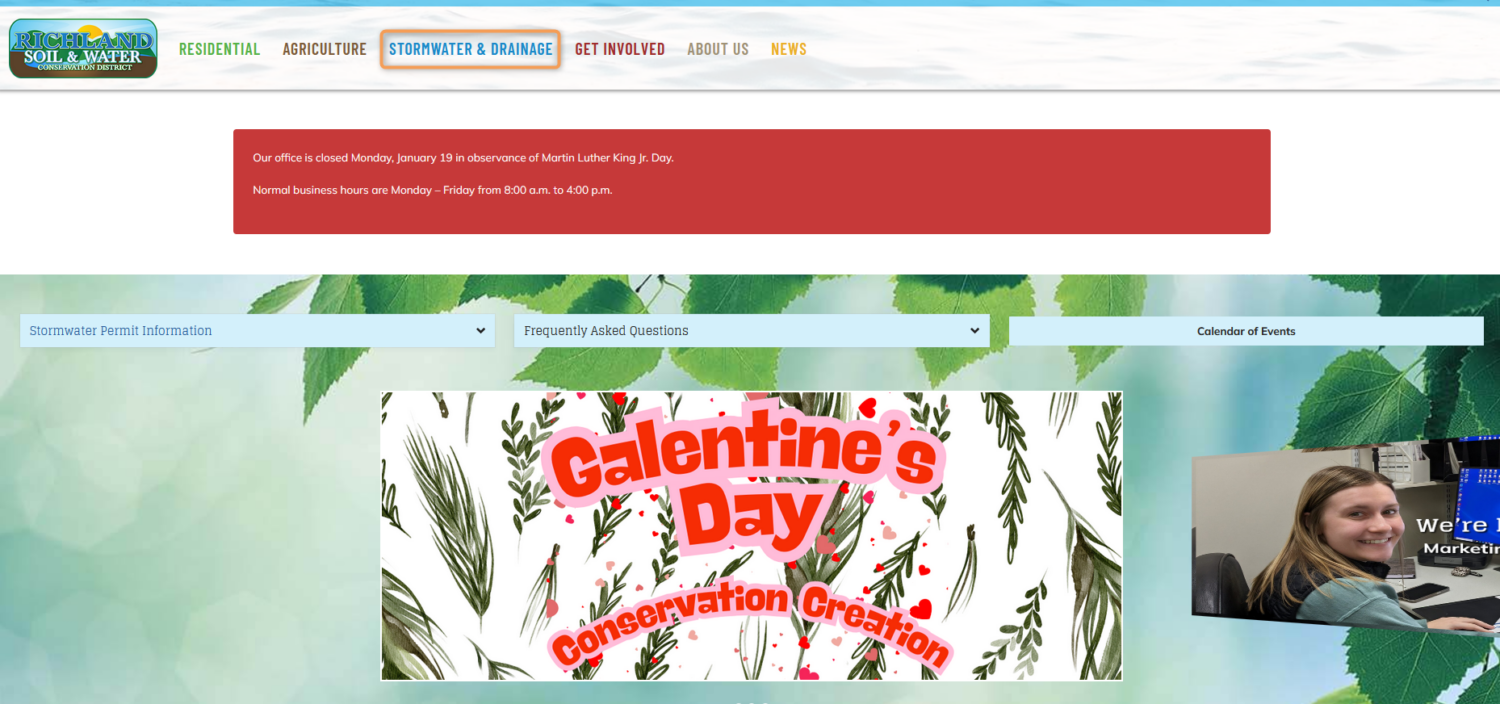 Screenshot of the RIchland SWCD homepage. The stormwater and drainage tab is outlined in orange.
