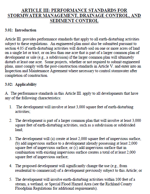 Screenshot of the applicability section of the Sediment and Erosion Control Regulations of Richland County. 