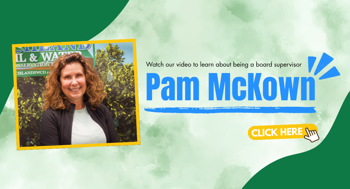 Graphic with a photo of Pam and Neil at their farm on the left. Text reads "watch our video featuring board supervisor Pam McKown"